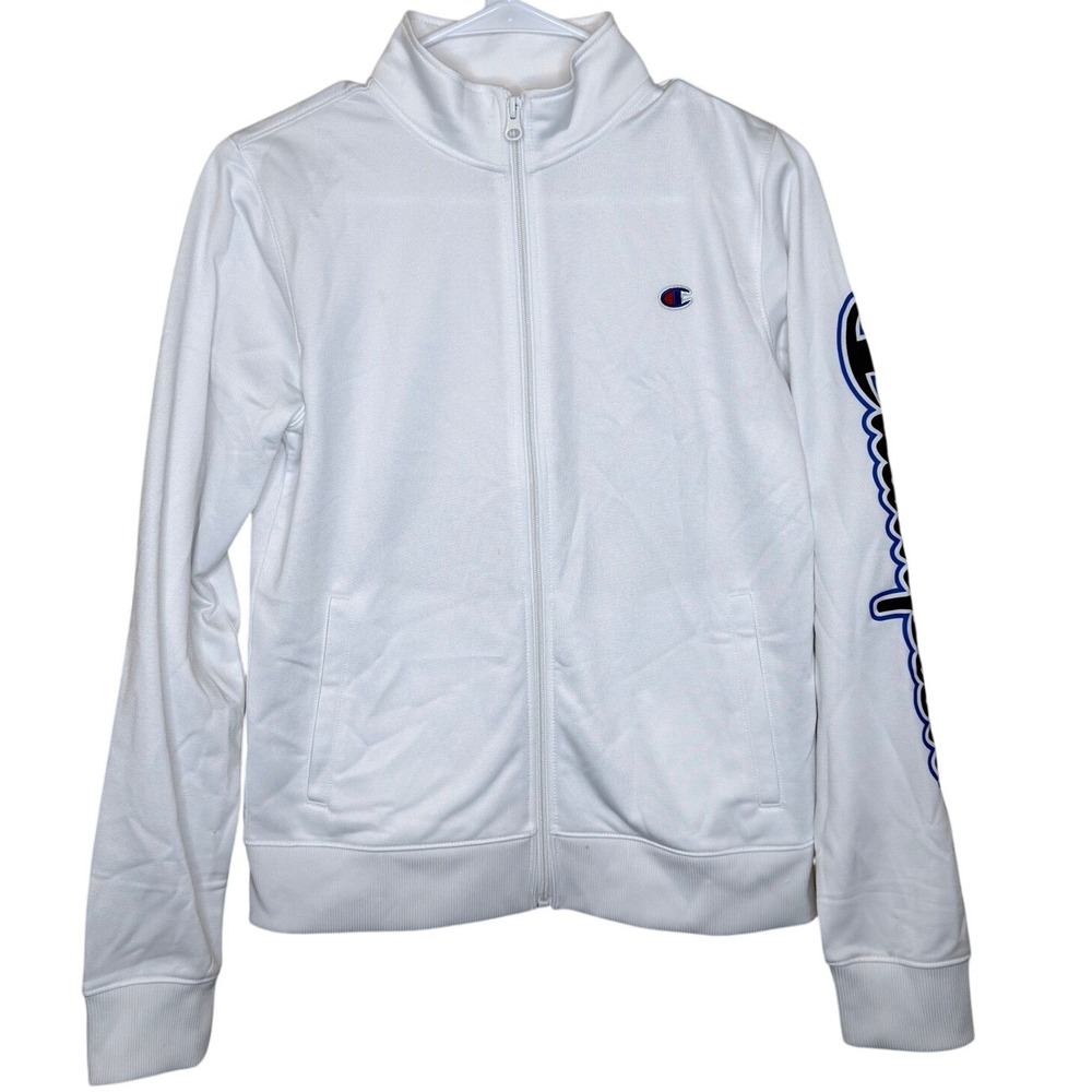 Champion Womens White Full Zip Track Jacket Sleeve Logo XL Athletic Sportswear